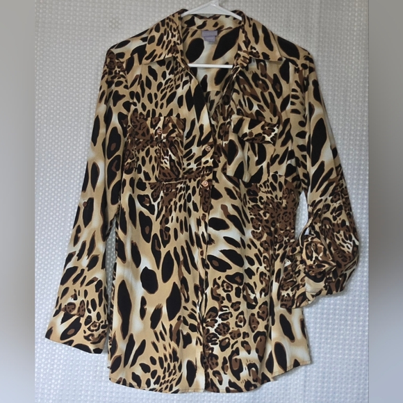 Womens Leopard Blouse Animal Print Top Chic Work Office Button Front - Picture 2 of 8